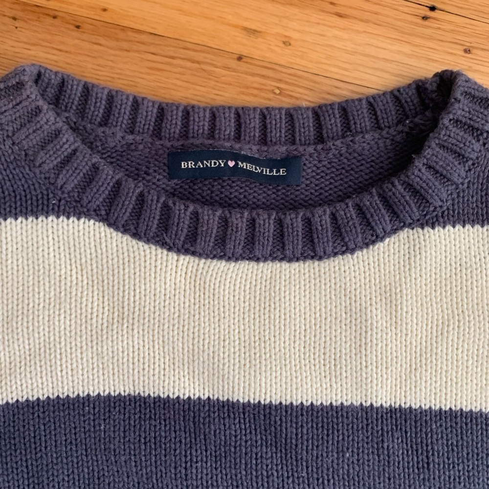 Brandy Melville Navy and Cream horizontal Stripe Crewneck Sweater - Picture 3 of 3